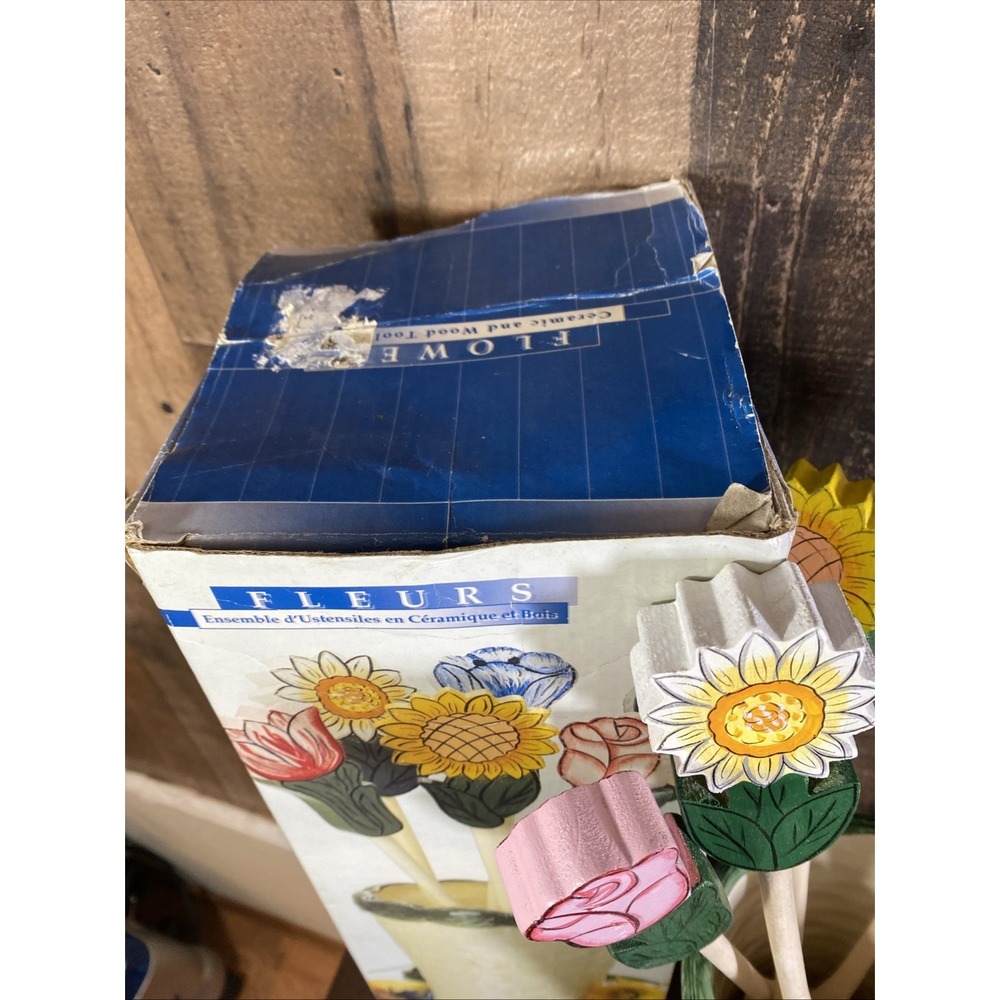 Wooden Cooking‎ Utensil 6 Hand Painted Flower Handle Ceramic Basket Tool Holder - Picture 5 of 16